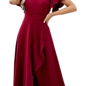 Chic Asymmetrical Burgundy Dress with Ruffle Sleeves